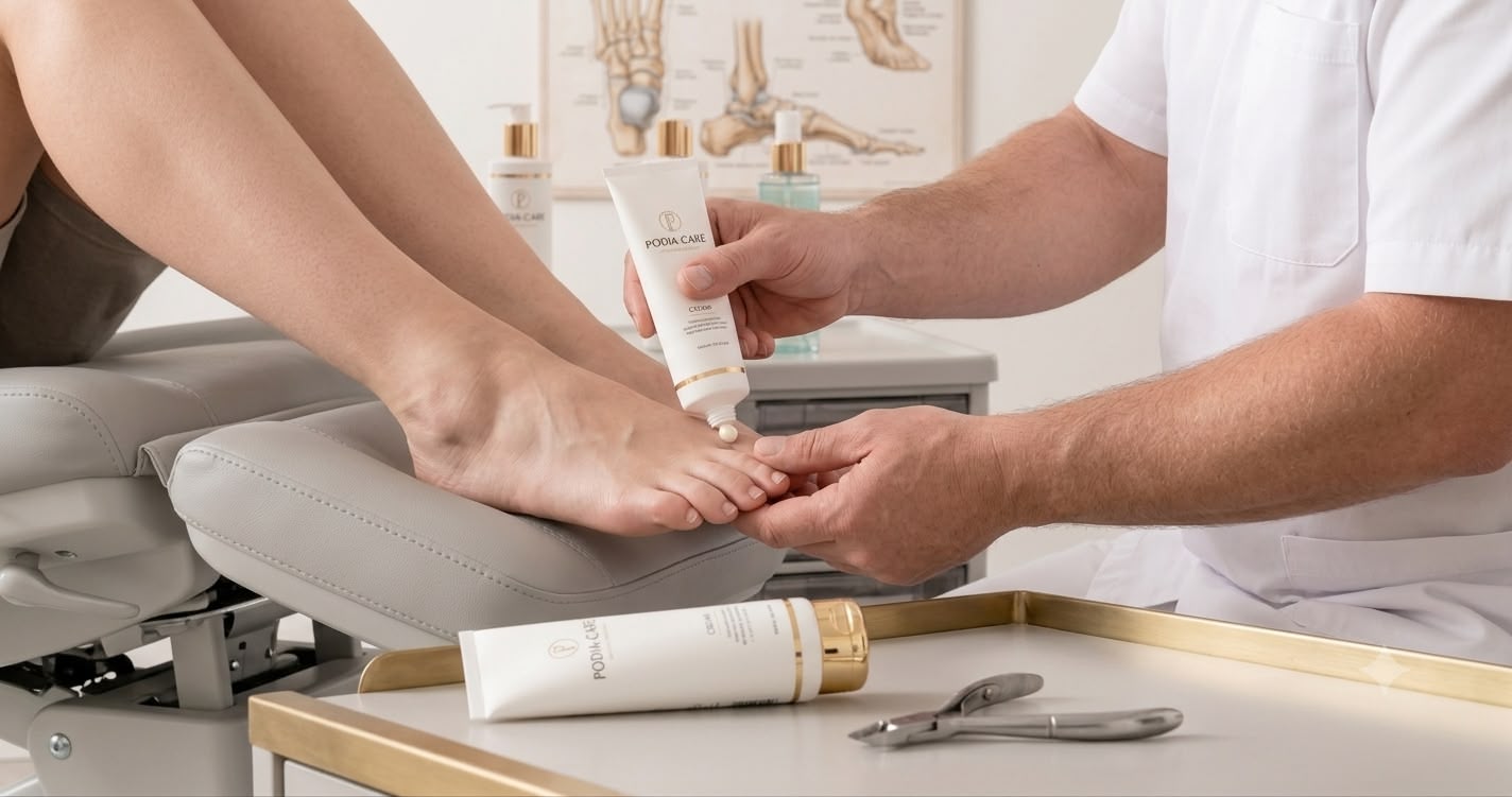 A podiatrist applies cream to a patient’s foot during a foot care treatment in a clinic setting. Medical instruments and skincare products are visible on a nearby tray.