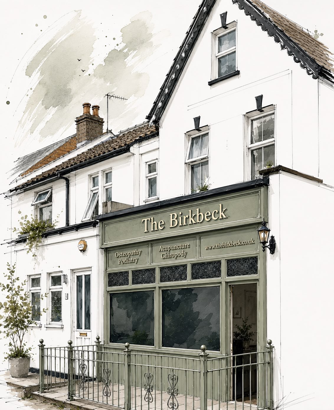 A white, two-storey building houses The Birkbeck, a clinic offering osteopathy, podiatry, acupuncture, and chiropody. The entrance features green signage and black railings, with plants by the windows.